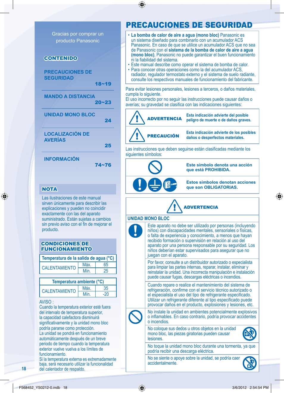 Precauciones de seguridad | Panasonic WHMHF09D3E8 User Manual | Page 18 / 76