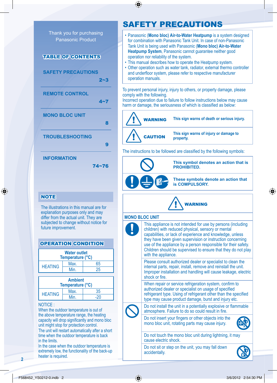 Safety precautions | Panasonic WHMHF09D3E8 User Manual | Page 2 / 76