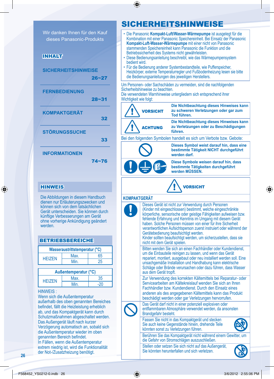 Sicherheitshinweise | Panasonic WHMHF09D3E8 User Manual | Page 26 / 76