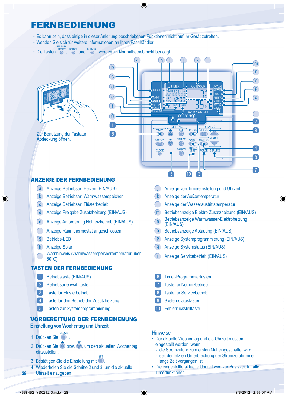 Fernbedienung, Anzeige der fernbedienung, Tasten der fernbedienung | Programmieren von sonderfunktionen, Hinweise, Zur benutzung der tastatur abdeckung öffnen, Werden im normalbetrieb nicht benötigt | Panasonic WHMHF09D3E8 User Manual | Page 28 / 76