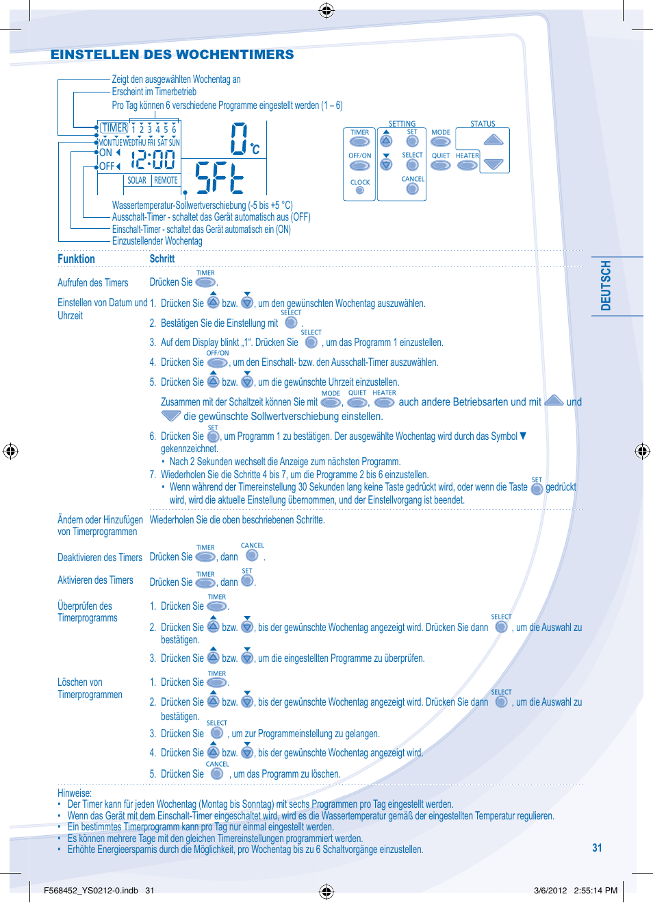 Deutsch, Funktion, Einstellen des wochentimers | Panasonic WHMHF09D3E8 User Manual | Page 31 / 76