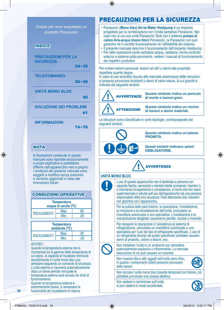 Precauzioni per la sicurezza | Panasonic WHMHF09D3E8 User Manual | Page 34 / 76