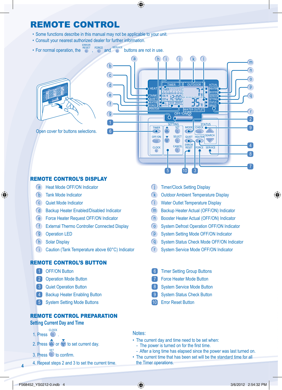 Remote control, Setting up the special functions, Remote control’s display | Remote control’s button, Buttons are not in use, Open cover for buttons selections, Press or to set current day. 3. press | Panasonic WHMHF09D3E8 User Manual | Page 4 / 76