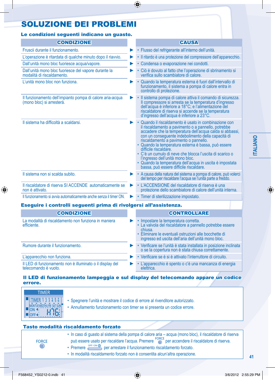 Soluzione dei problemi | Panasonic WHMHF09D3E8 User Manual | Page 41 / 76