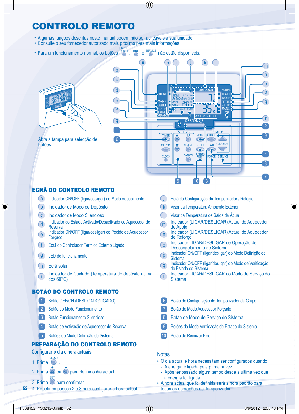 Controlo remoto, Ecrã do controlo remoto, Botão do controlo remoto | Configurar as funções especiais, Notas | Panasonic WHMHF09D3E8 User Manual | Page 52 / 76