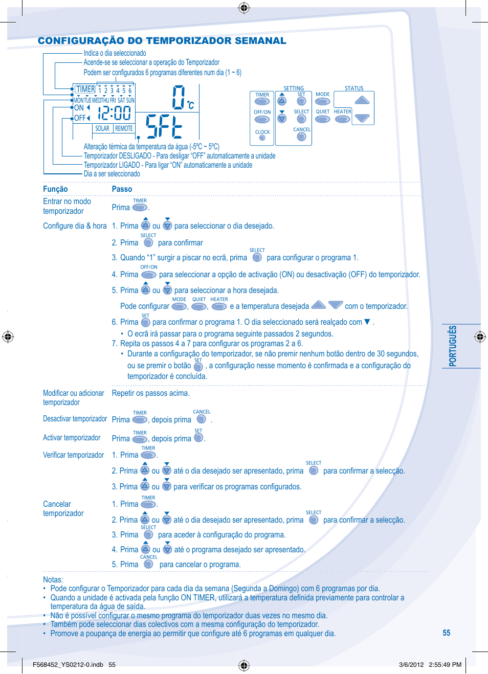 Português, Configuração do temporizador semanal | Panasonic WHMHF09D3E8 User Manual | Page 55 / 76