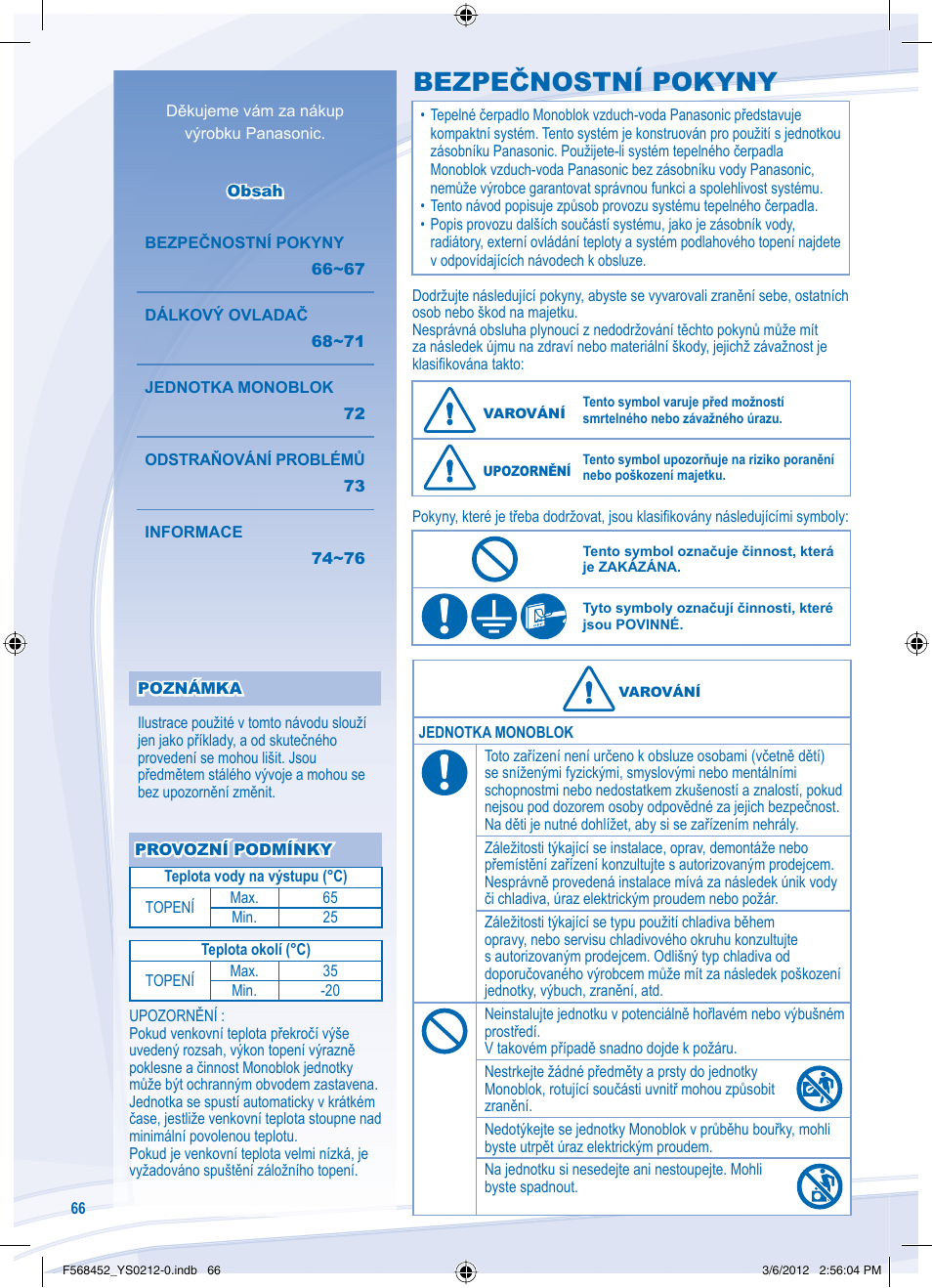 Bezpečnostní pokyny | Panasonic WHMHF09D3E8 User Manual | Page 66 / 76