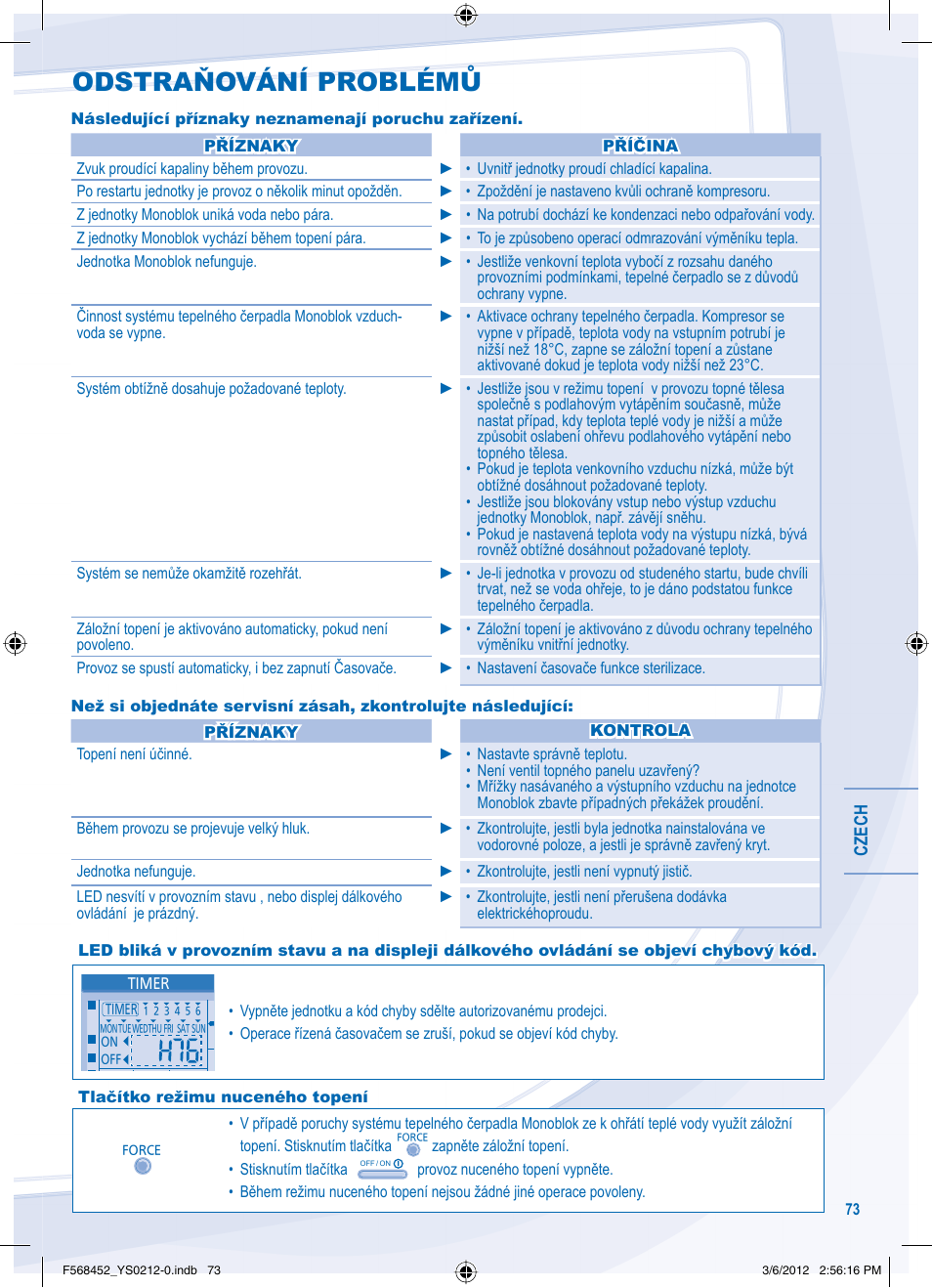 Odstraňování problémů | Panasonic WHMHF09D3E8 User Manual | Page 73 / 76