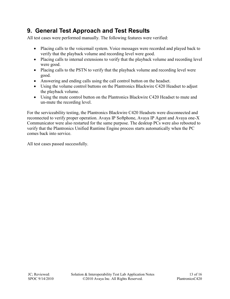 General test approach and test results | Avaya C420 User Manual | Page 13 / 16