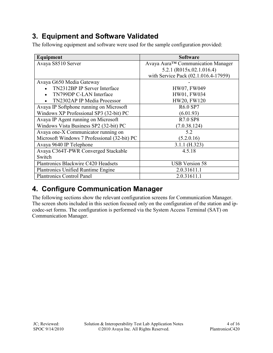 Equipment and software validated, Configure communication manager | Avaya C420 User Manual | Page 4 / 16
