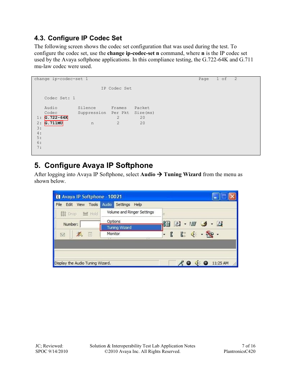 Configure avaya ip softphone, Configure ip codec set | Avaya C420 User Manual | Page 7 / 16