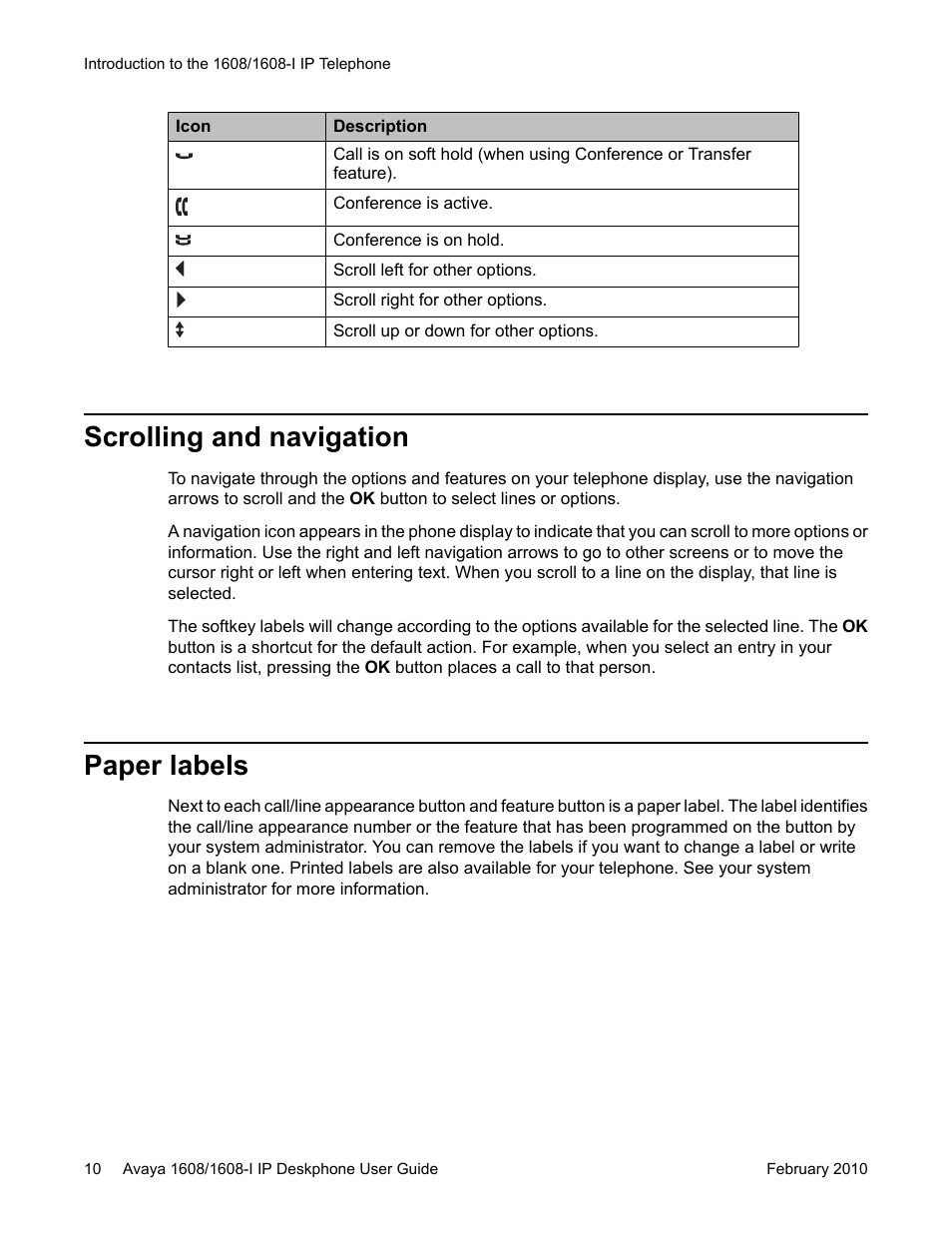 Scrolling and navigation, Paper labels, Scrolling and navigation paper labels | Avaya one-X Deskphone Value Edition 1608-I User Manual | Page 10 / 50