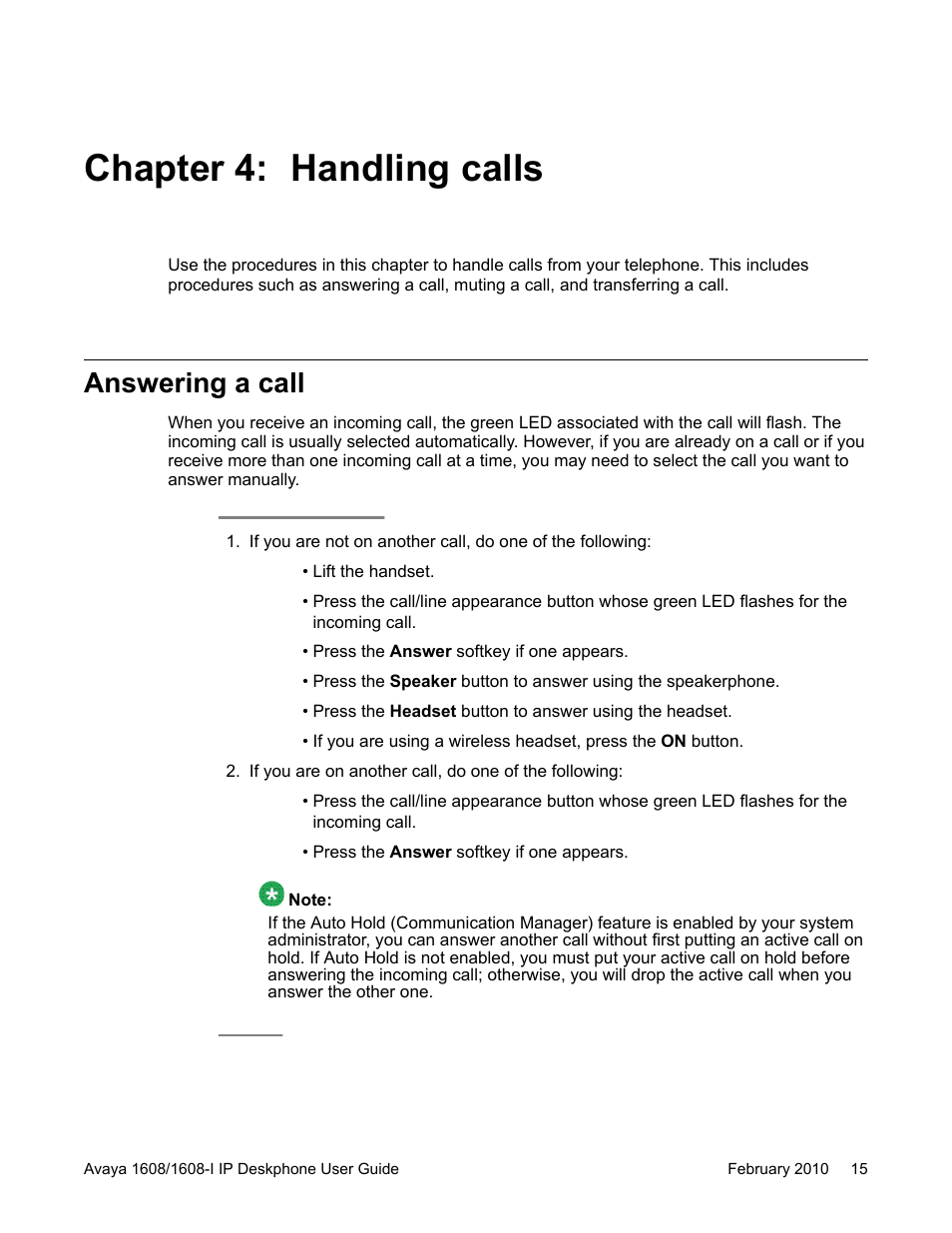 Chapter 4: handling calls, Answering a call | Avaya one-X Deskphone Value Edition 1608-I User Manual | Page 15 / 50