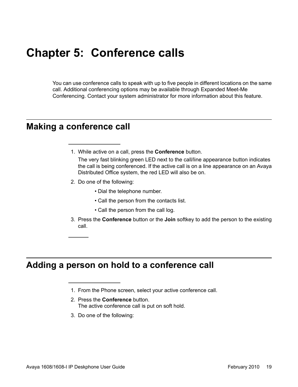 Chapter 5: conference calls, Making a conference call, Adding a person on hold to a conference call | Avaya one-X Deskphone Value Edition 1608-I User Manual | Page 19 / 50