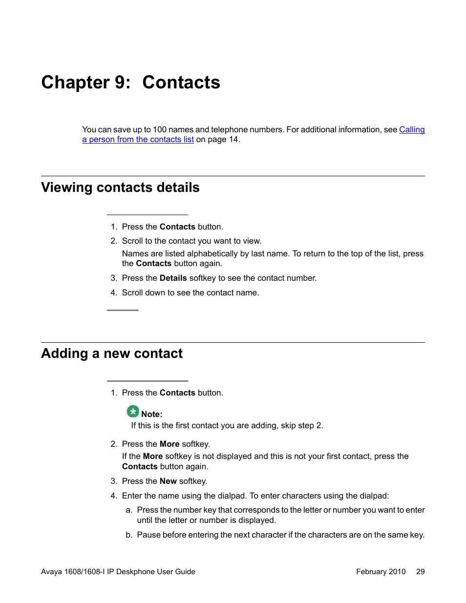 Chapter 9: contacts, Viewing contacts details, Adding a new contact | Avaya one-X Deskphone Value Edition 1608-I User Manual | Page 29 / 50