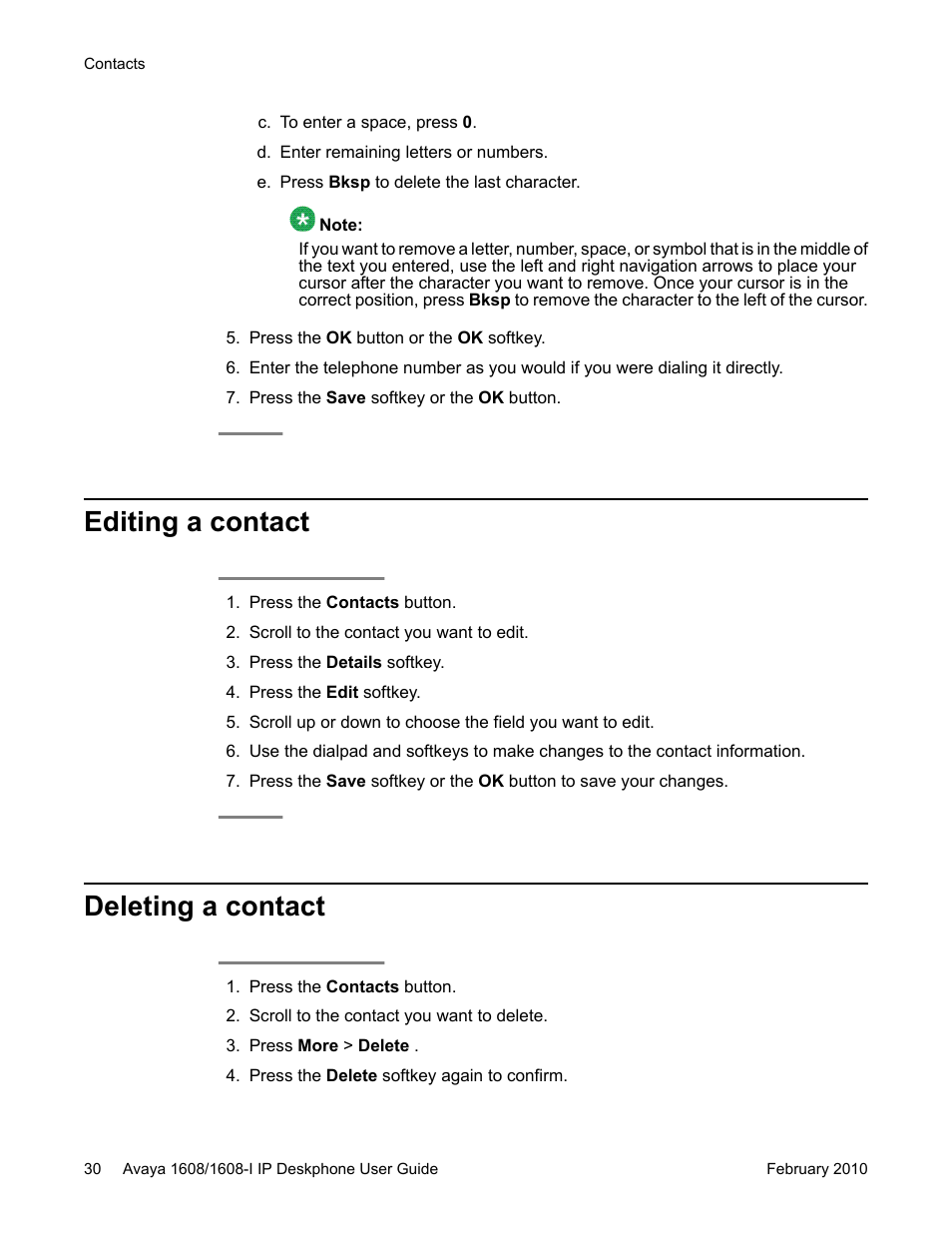 Editing a contact, Deleting a contact, Editing a contact deleting a contact | Avaya one-X Deskphone Value Edition 1608-I User Manual | Page 30 / 50