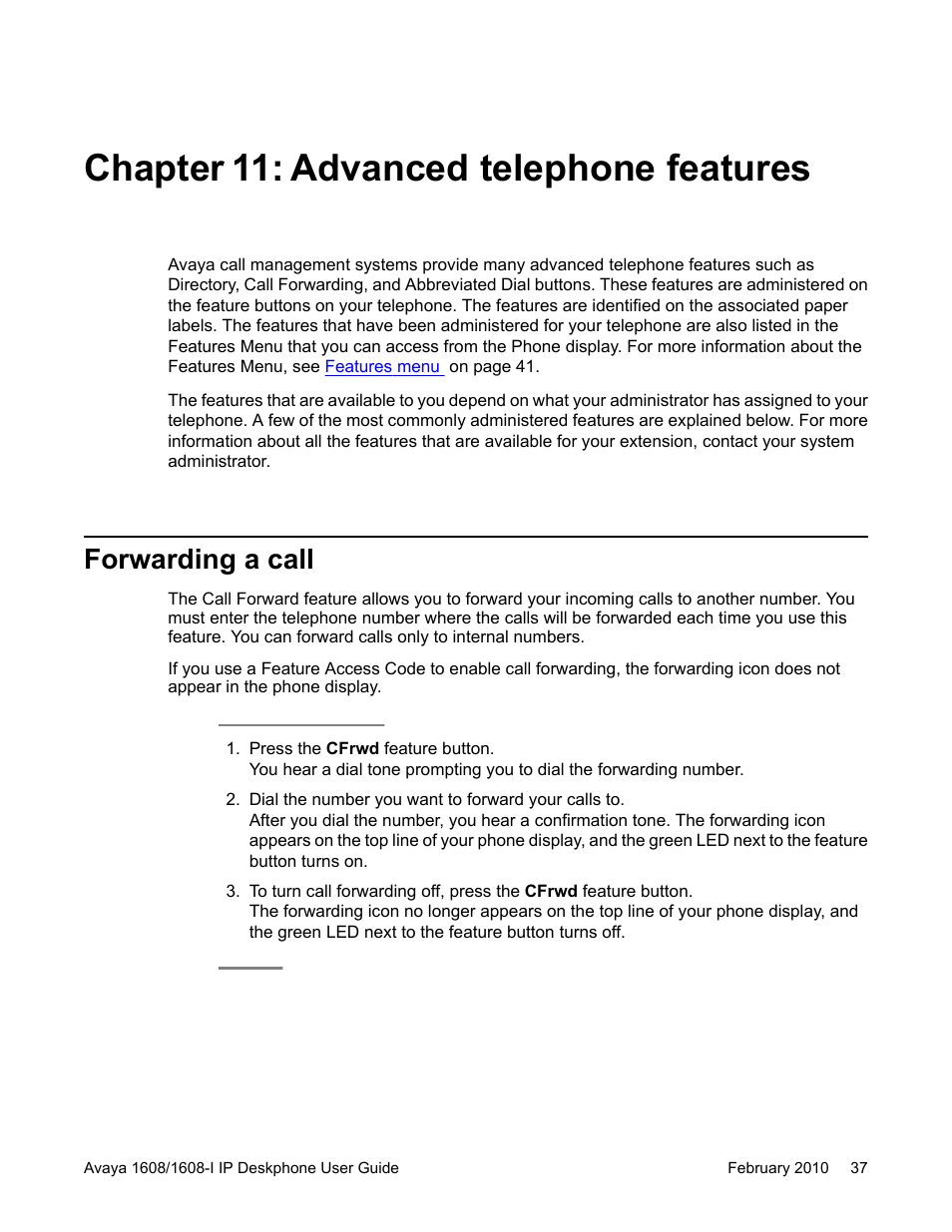 Chapter 11: advanced telephone features, Forwarding a call, Advanced telephone features | Avaya one-X Deskphone Value Edition 1608-I User Manual | Page 37 / 50