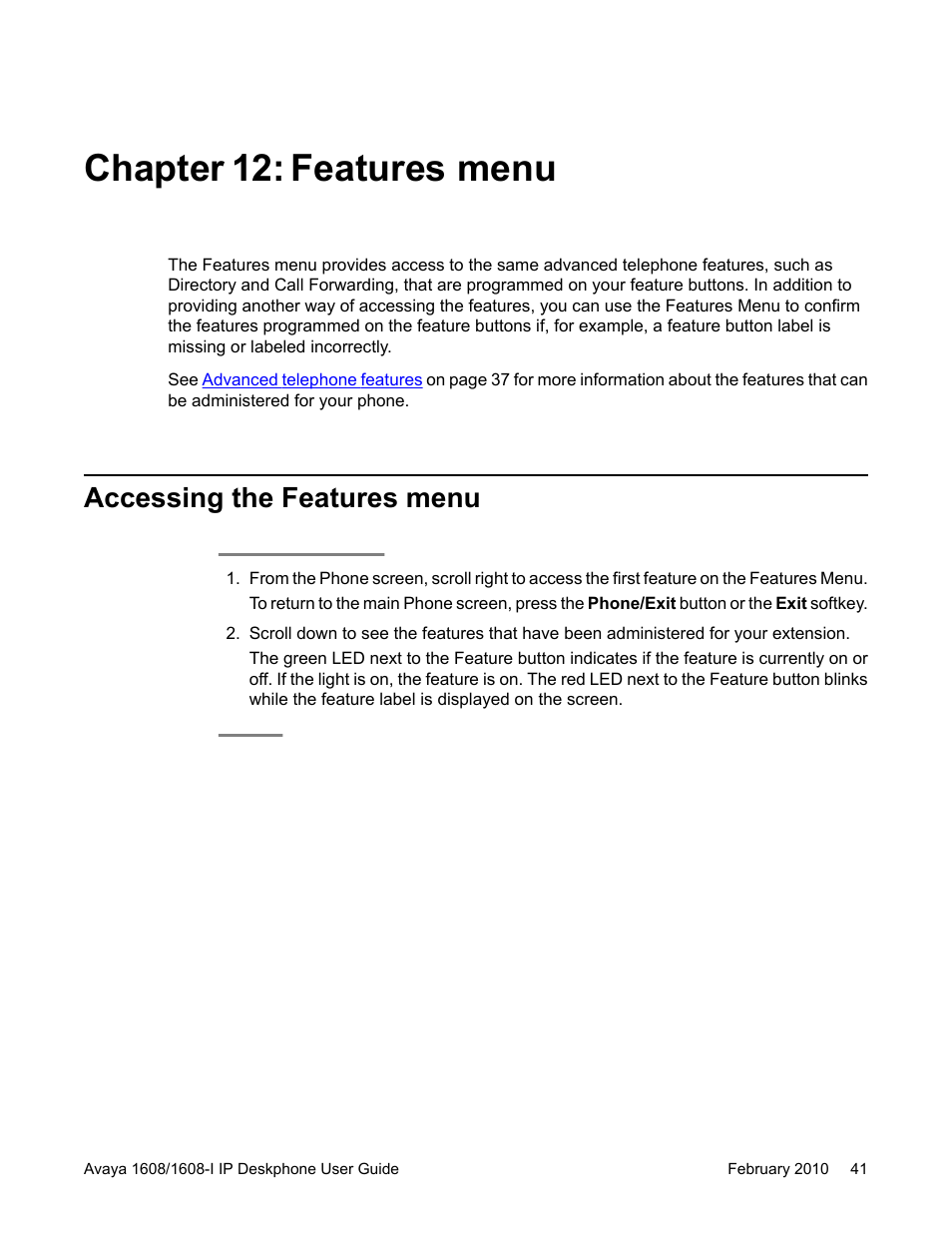 Chapter 12: features menu, Accessing the features menu, Features menu | Avaya one-X Deskphone Value Edition 1608-I User Manual | Page 41 / 50