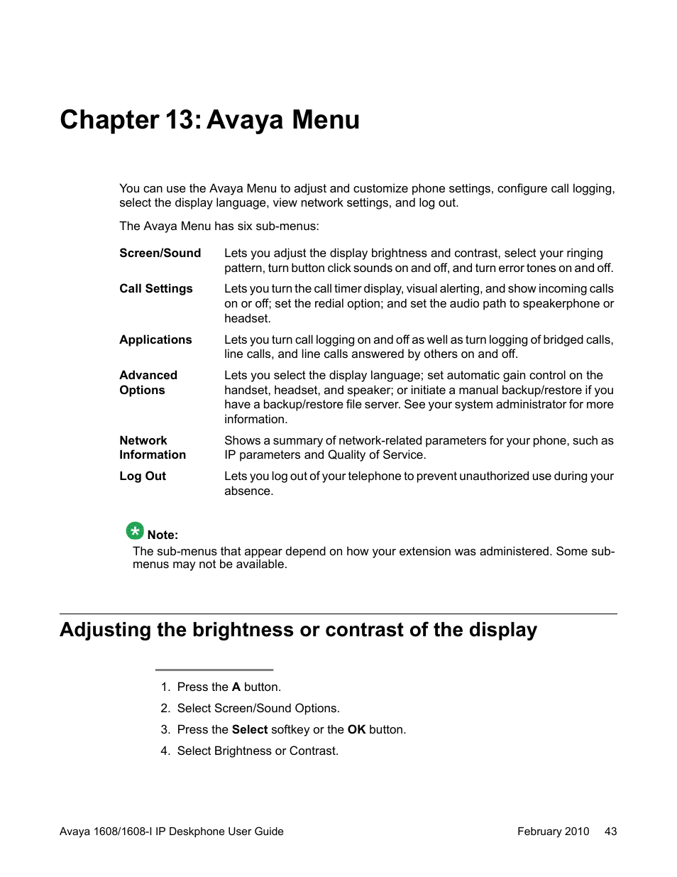 Chapter 13: avaya menu | Avaya one-X Deskphone Value Edition 1608-I User Manual | Page 43 / 50