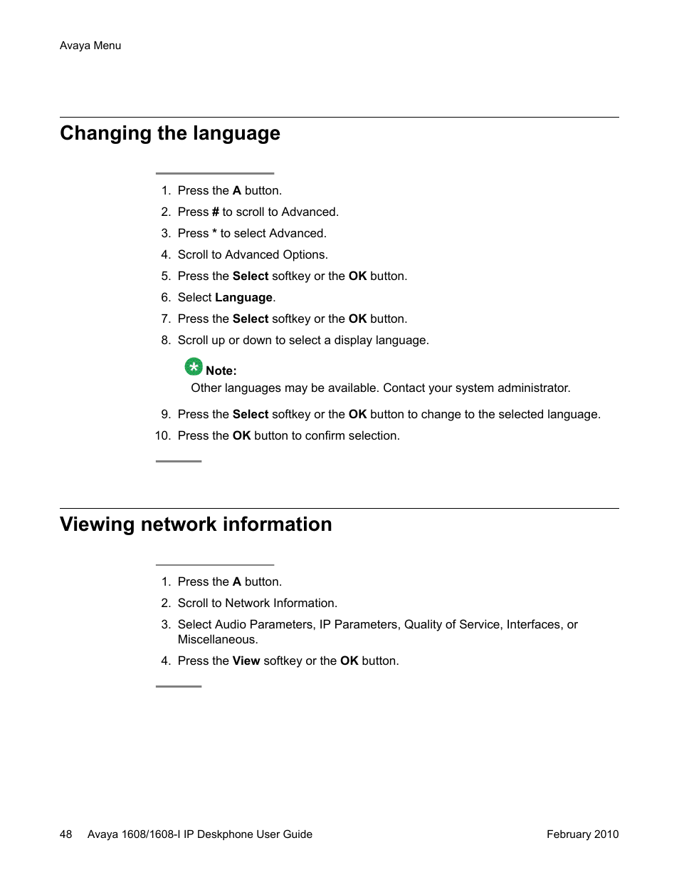 Changing the language, Viewing network information, Changing the language viewing network information | Avaya one-X Deskphone Value Edition 1608-I User Manual | Page 48 / 50