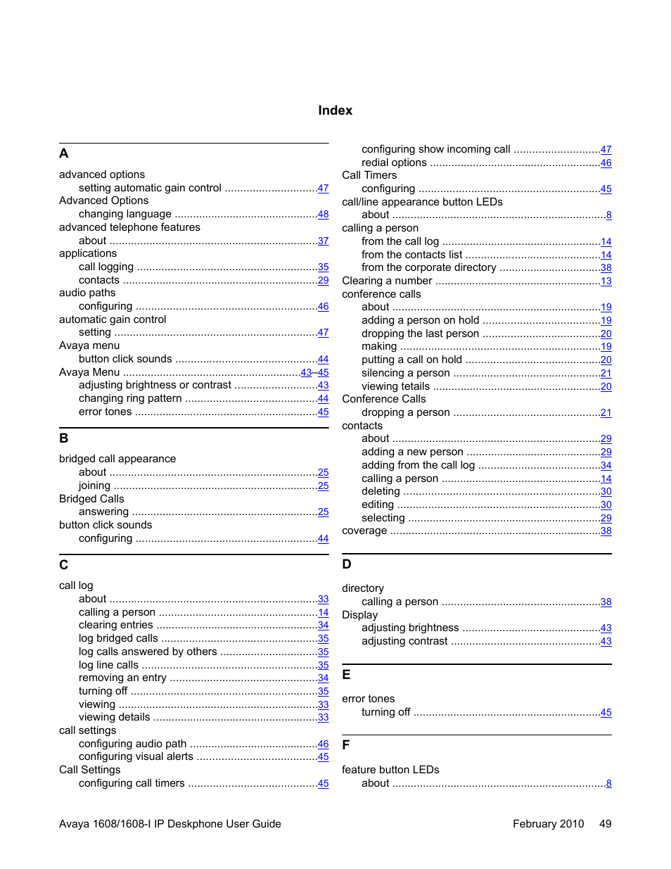 Index | Avaya one-X Deskphone Value Edition 1608-I User Manual | Page 49 / 50