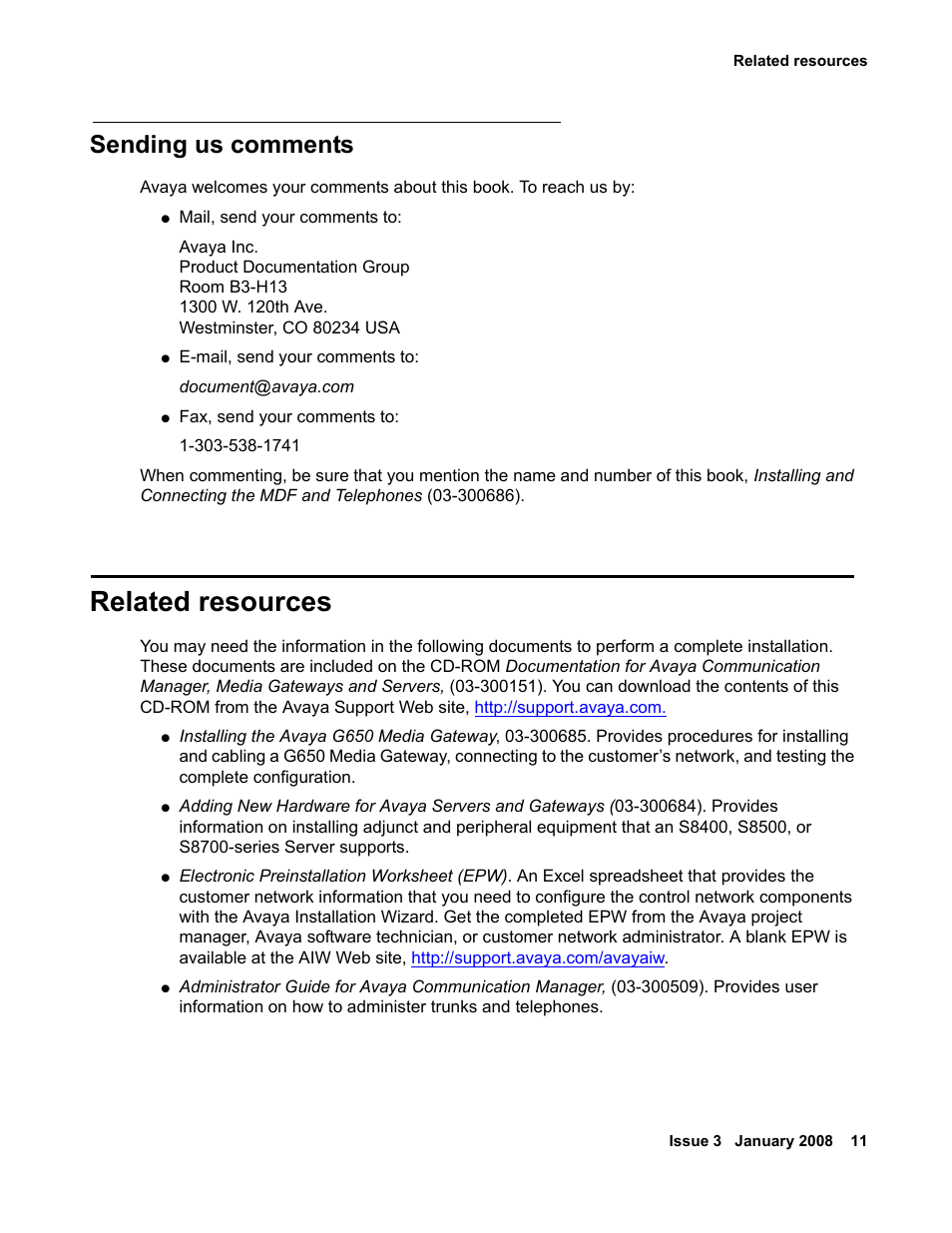Sending us comments, Related resources | Avaya 03-300686 User Manual | Page 11 / 156