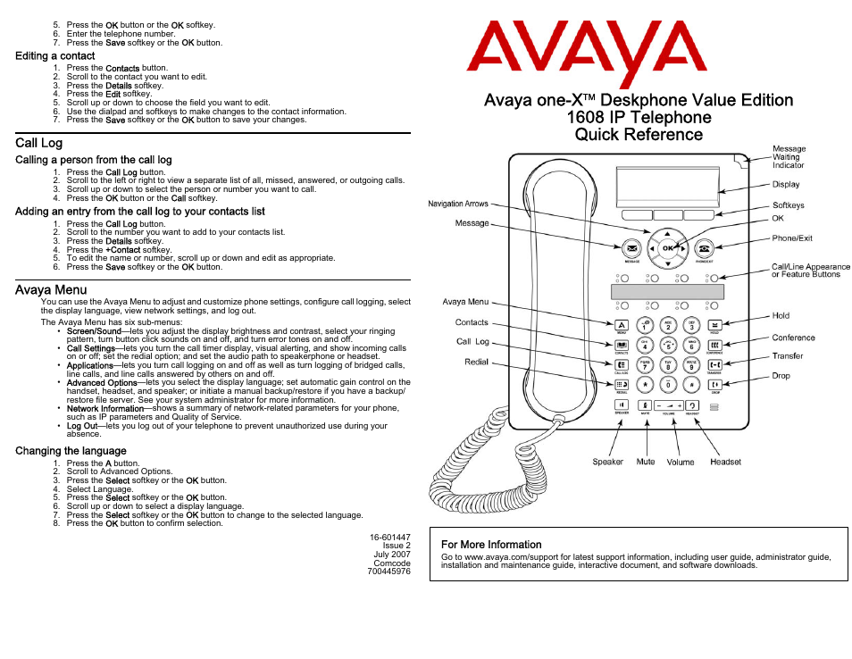 Editing a contact, Call log, Calling a person from the call log | Avaya menu, Changing the language, Avaya one-x | Avaya one-X Deskphone Value Edition 1608 User Manual | Page 2 / 2