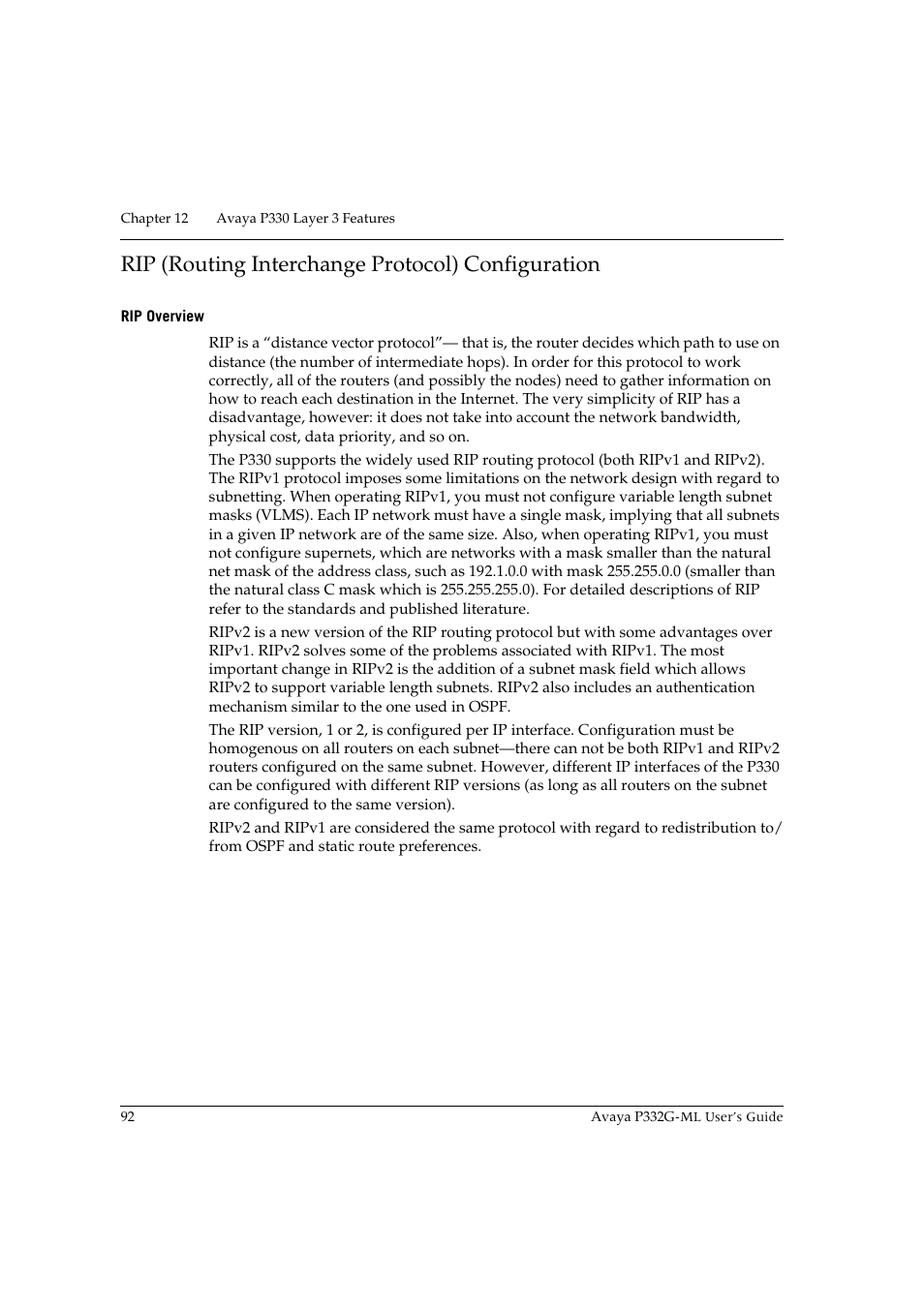 Rip (routing interchange protocol) configuration, Rip overview | Avaya P332G-ML User Manual | Page 106 / 150