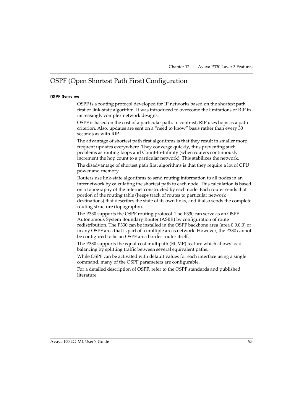 Ospf (open shortest path first) configuration, Ospf overview | Avaya P332G-ML User Manual | Page 109 / 150
