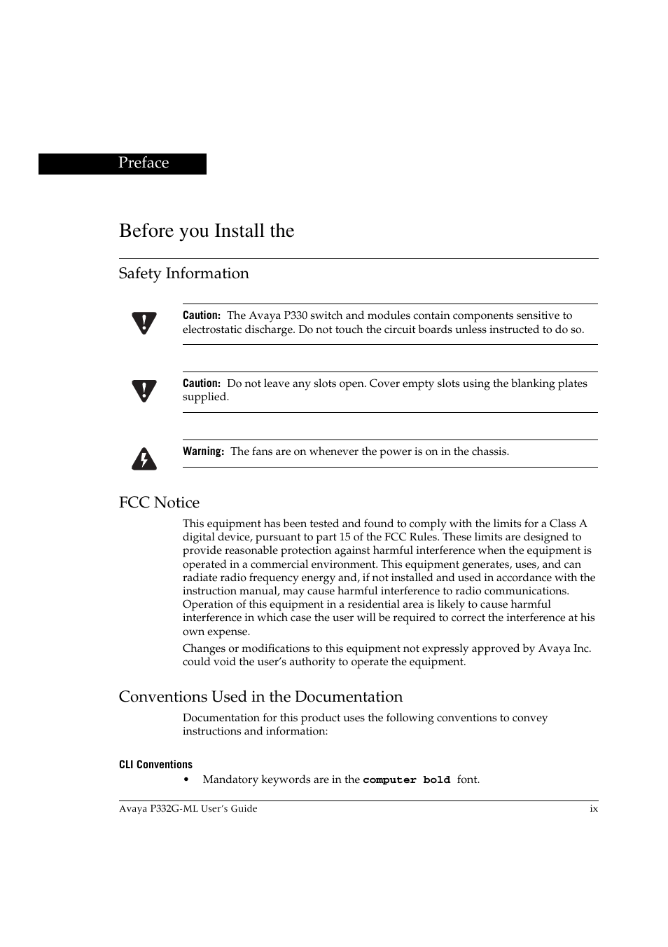 Preface, Before you install the, Safety information | Fcc notice, Conventions used in the documentation, Cli conventions | Avaya P332G-ML User Manual | Page 11 / 150