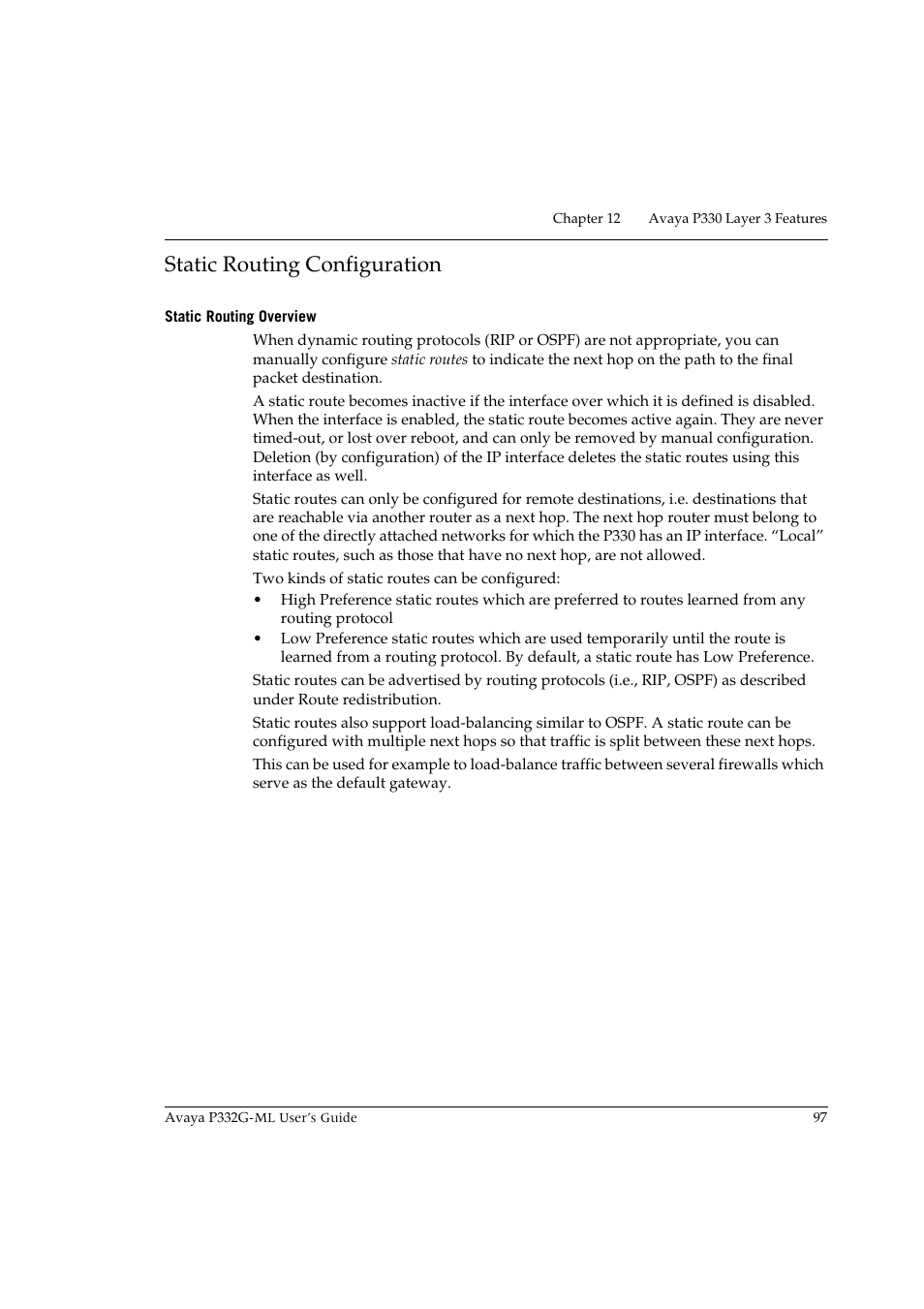 Static routing configuration, Static routing overview | Avaya P332G-ML User Manual | Page 111 / 150