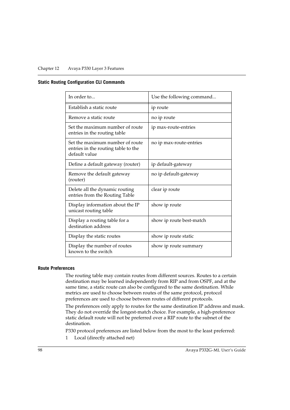 Static routing configuration cli commands, Route preferences | Avaya P332G-ML User Manual | Page 112 / 150