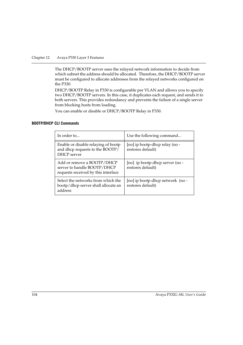 Bootp/dhcp cli commands | Avaya P332G-ML User Manual | Page 118 / 150