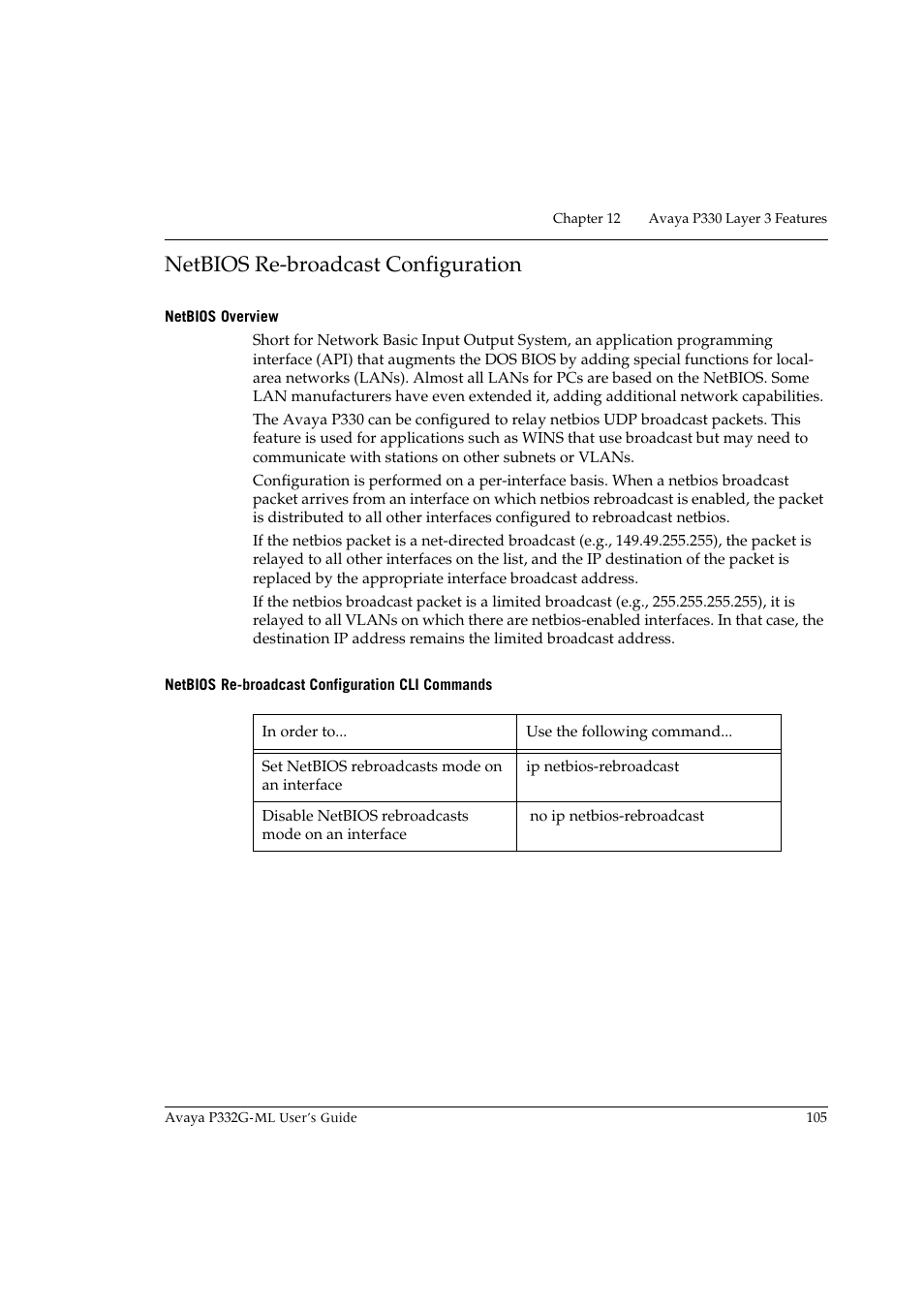 Netbios re-broadcast configuration, Netbios overview, Netbios re-broadcast configuration cli commands | Avaya P332G-ML User Manual | Page 119 / 150