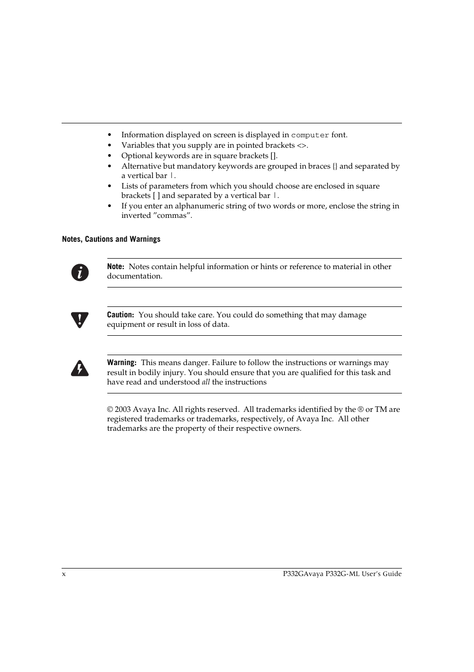 Notes, cautions and warnings | Avaya P332G-ML User Manual | Page 12 / 150