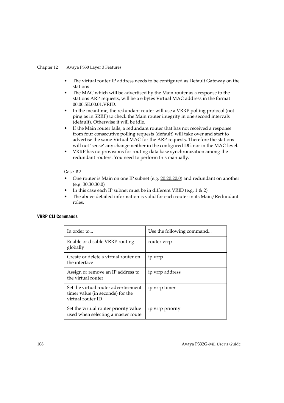 Case #2, Vrrp cli commands | Avaya P332G-ML User Manual | Page 122 / 150