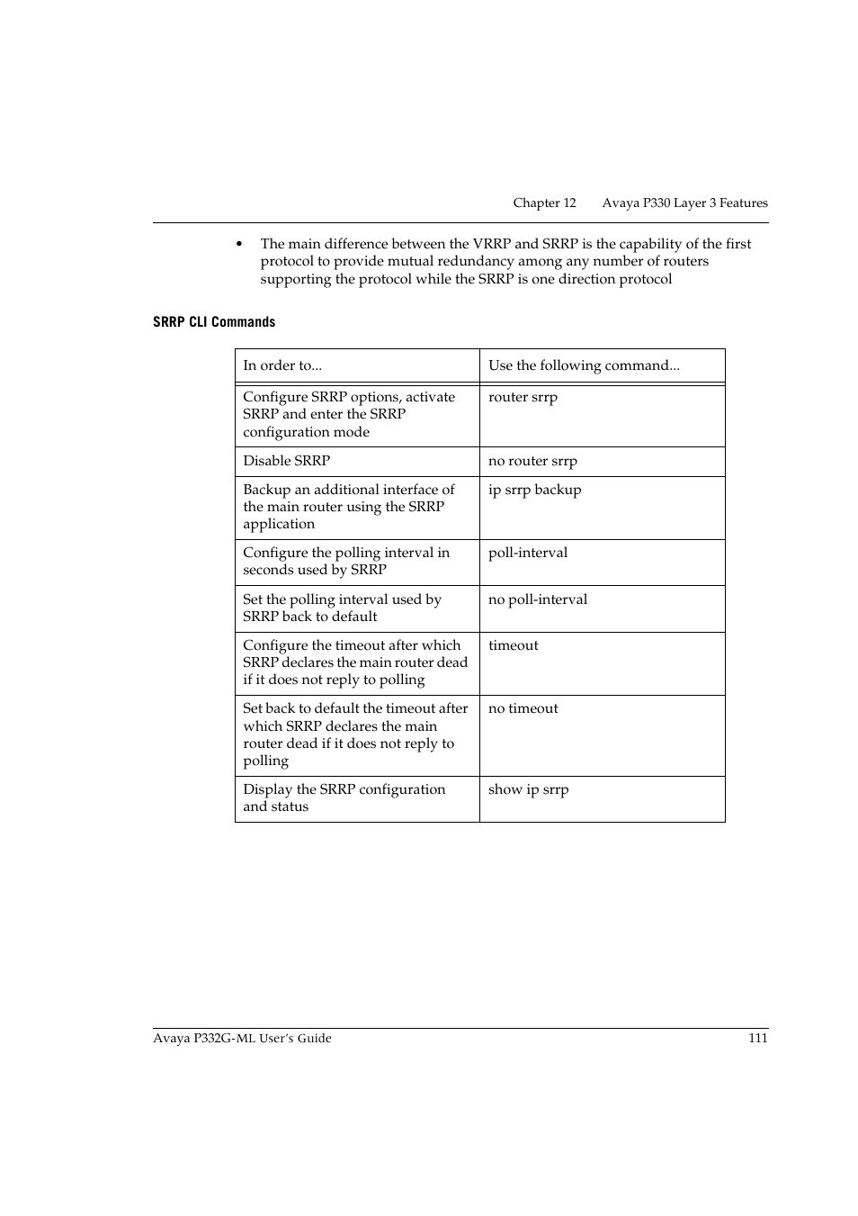 Srrp cli commands | Avaya P332G-ML User Manual | Page 125 / 150