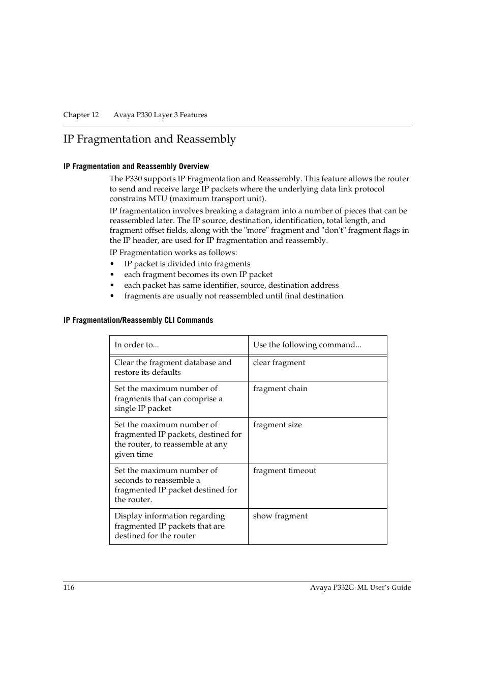 Ip fragmentation and reassembly, Ip fragmentation and reassembly overview, Ip fragmentation/reassembly cli commands | Avaya P332G-ML User Manual | Page 130 / 150