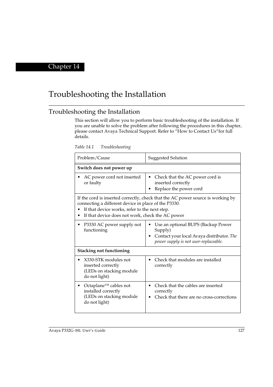 Troubleshooting the installation, Chapter 14 troubleshooting the installation, Edure | Se refer to "troubleshooting the installation, Chapter 14 | Avaya P332G-ML User Manual | Page 141 / 150