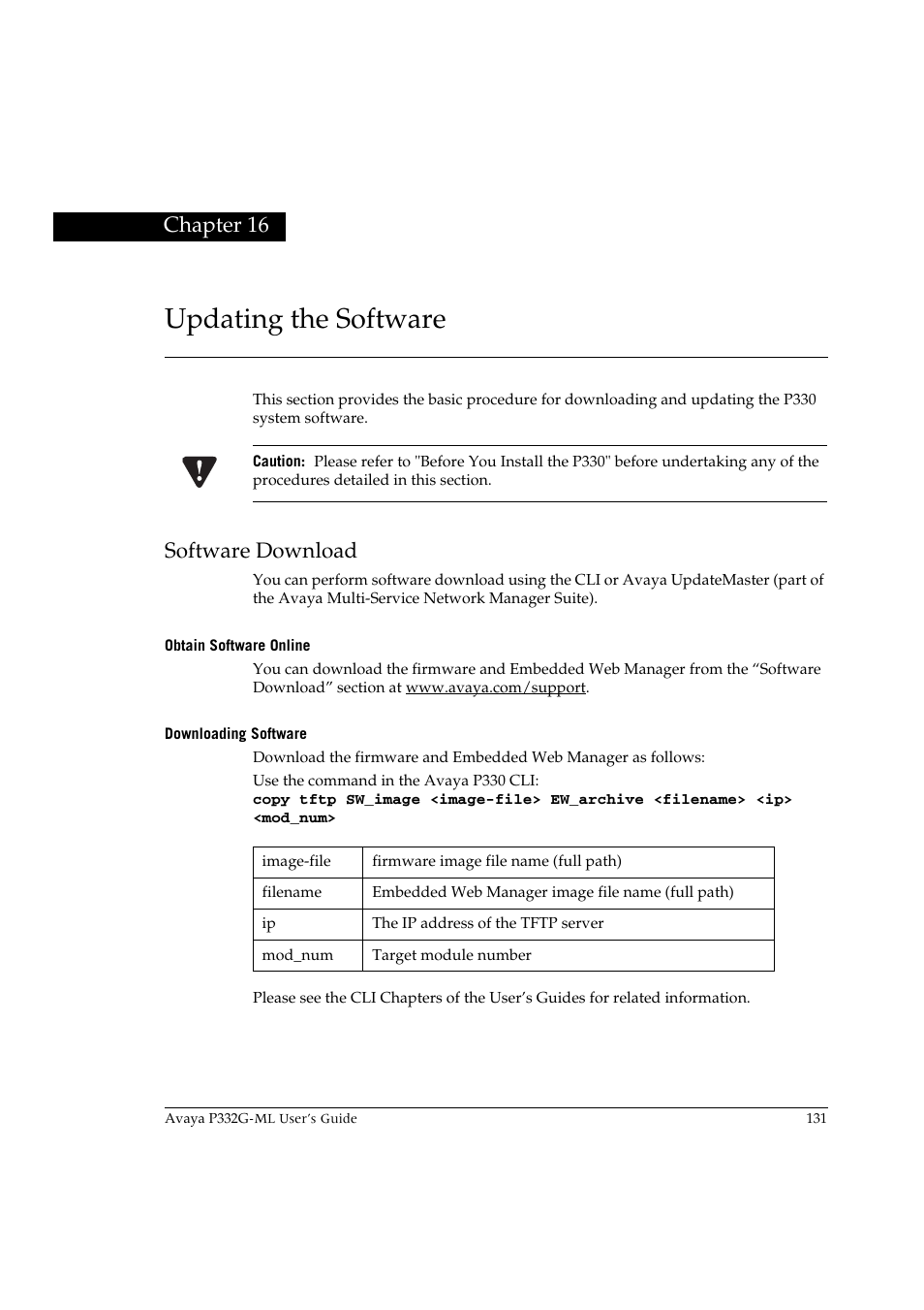 Updating the software, Software download, Obtain software online | Downloading software, Chapter 16 updating the software, Obtain software online downloading software, Chapter 16 | Avaya P332G-ML User Manual | Page 145 / 150