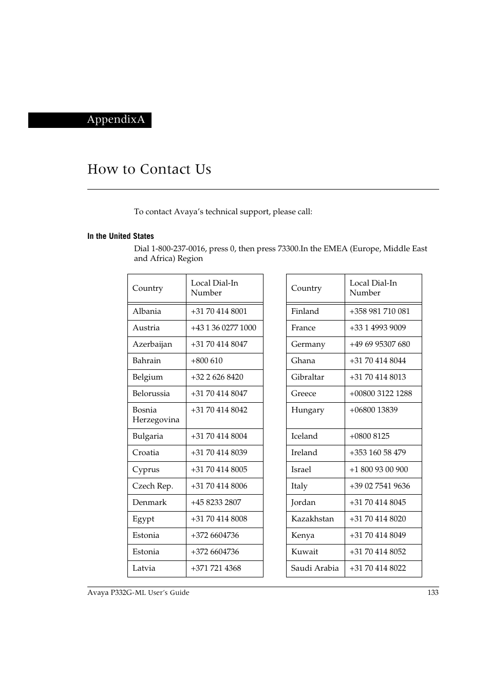 How to contact us, In the united states, Appendix a | Avaya P332G-ML User Manual | Page 147 / 150