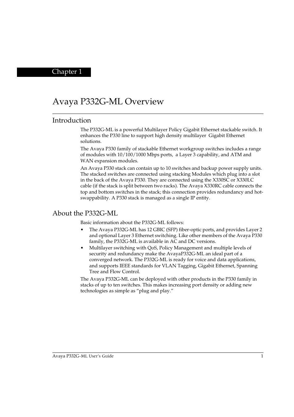 Avaya p332g-ml overview, Introduction, About the p332g-ml | Chapter 1 | Avaya P332G-ML User Manual | Page 15 / 150