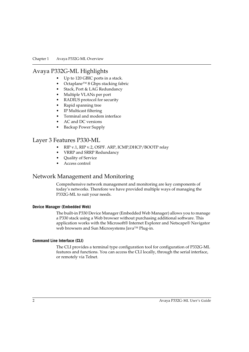 Avaya p332g-ml highlights, Layer 3 features p330-ml, Network management and monitoring | Device manager (embedded web), Command line interface (cli) | Avaya P332G-ML User Manual | Page 16 / 150