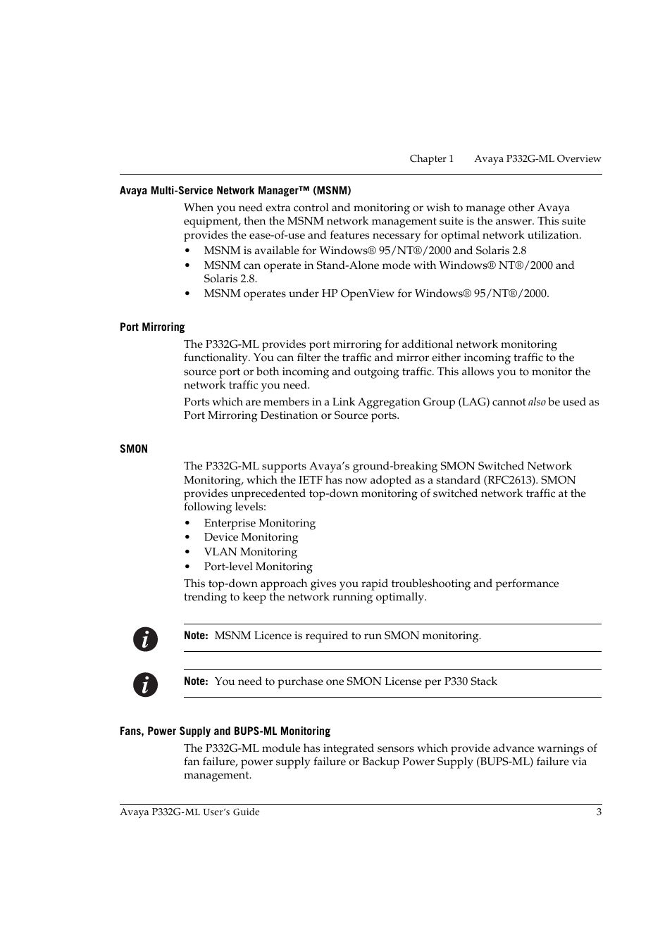 Avaya multi-service network manager™ (msnm), Port mirroring, Smon | Fans, power supply and bups-ml monitoring | Avaya P332G-ML User Manual | Page 17 / 150