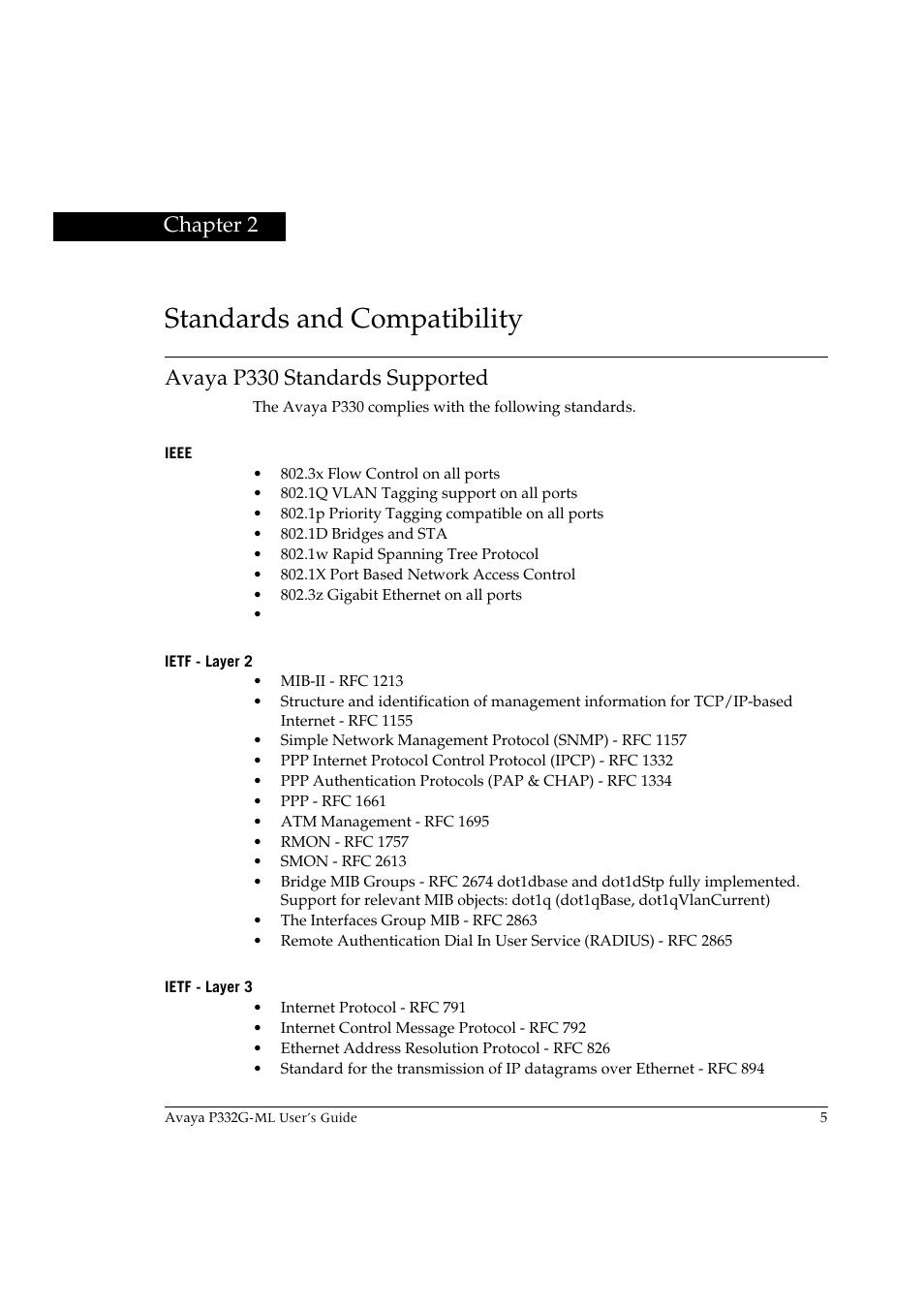Standards and compatibility, Avaya p330 standards supported, Ieee | Ietf - layer 2, Ietf - layer 3, Chapter 2, Ieee ietf - layer 2 ietf - layer 3 | Avaya P332G-ML User Manual | Page 19 / 150