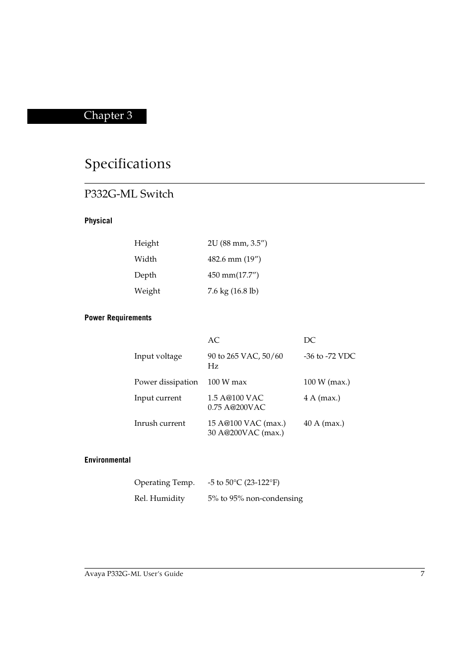 Specifications, P332g-ml switch, Physical | Power requirements, Environmental, Chapter 3, Specifications p332g-ml switch, Physical power requirements environmental | Avaya P332G-ML User Manual | Page 21 / 150