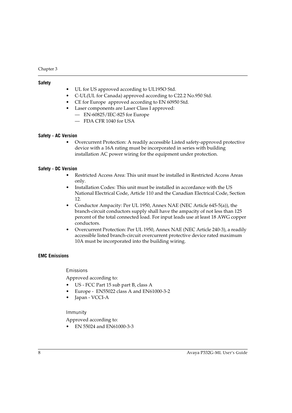 Safety, Safety - ac version, Safety - dc version | Emc emissions, Emissions, Immunity | Avaya P332G-ML User Manual | Page 22 / 150