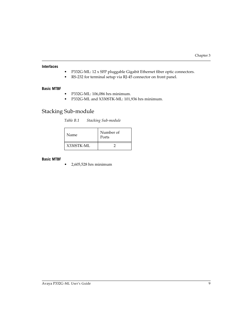 Interfaces, Basic mtbf, Stacking sub-module | Interfaces basic mtbf | Avaya P332G-ML User Manual | Page 23 / 150