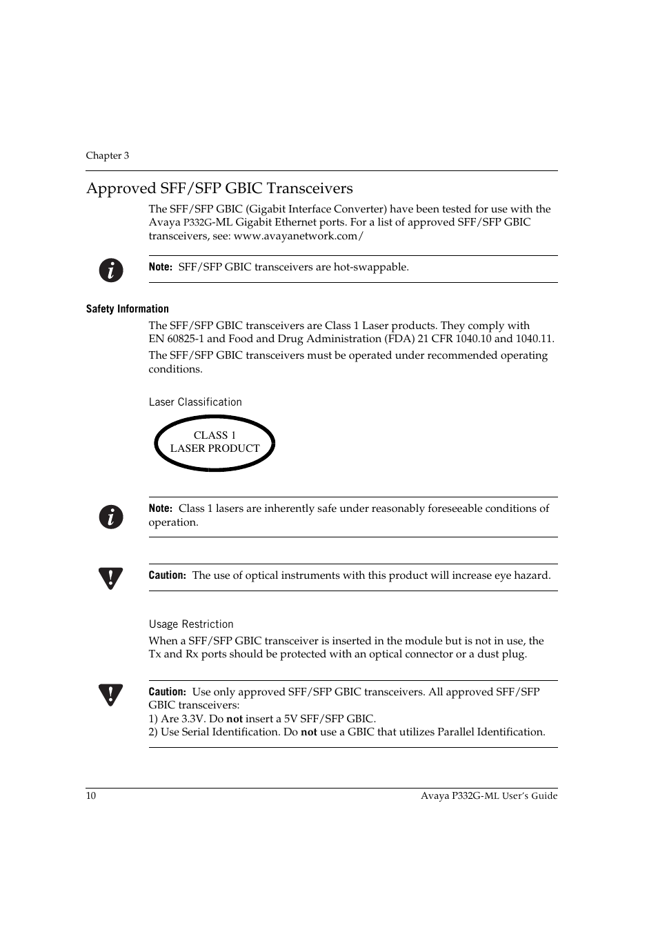 Approved sff/sfp gbic transceivers, Safety information, Laser classification | Usage restriction, Laser classification usage restriction | Avaya P332G-ML User Manual | Page 24 / 150