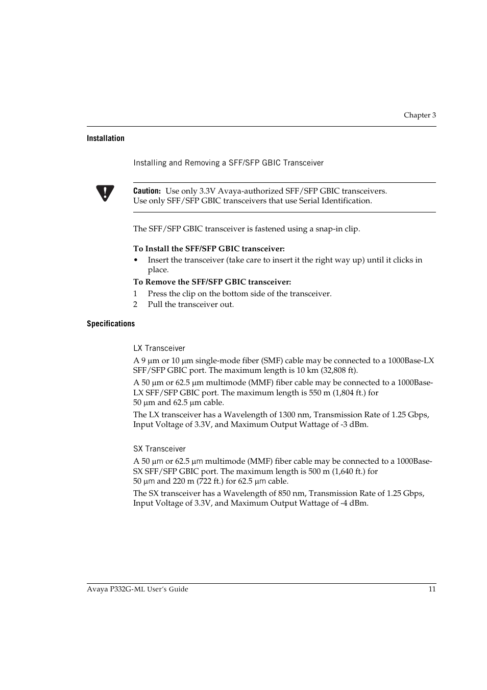 Installation, Installing and removing a sff/sfp gbic transceiver, Specifications | Lx transceiver, Sx transceiver, Lx transceiver sx transceiver | Avaya P332G-ML User Manual | Page 25 / 150